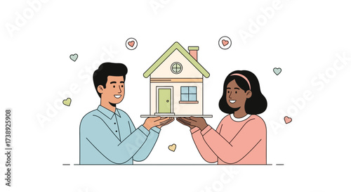 Couple Holding Dream Home Illustration Depicting Love, Partnership, And Real Estate Ownership
