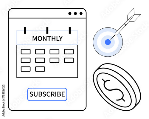 Monthly calendar interface with subscribe button, dollar coin, and target with dart. Ideal for subscription services, recurring payments, goal setting, financial planning, marketing strategies