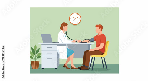 Doctor and patient measuring blood pressure. Medical treatment and healthcare poster, modern clinical analysis and treatment, medical diagnostic tests. Doctor visit in clinic vector illustration