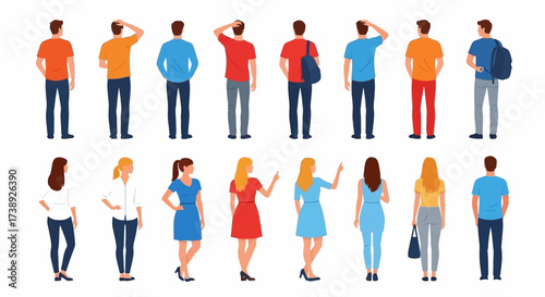 People character. Man and woman view from back set isolated on white background. Young human person diversity. Businesspeople, student, worker set. Vector people standing character illustration