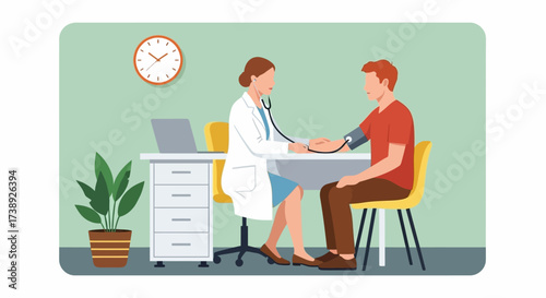 Doctor and patient measuring blood pressure. Medical treatment and healthcare poster, modern clinical analysis and treatment, medical diagnostic tests. Doctor visit in clinic vector illustration