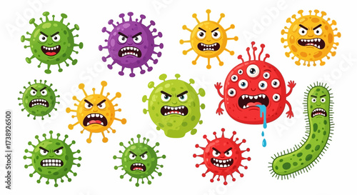Coronavirus character vector illustration on white background. Cartoon Covid 19-NCP fly germ virus infection and micro bacteria character. Microbe, Pathogen