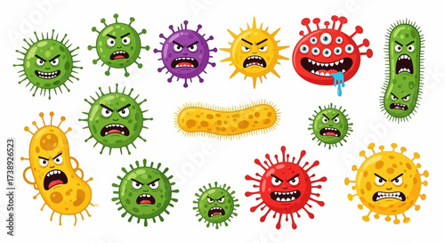 Coronavirus character vector illustration on white background. Cartoon Covid 19-NCP fly germ virus infection and micro bacteria character. Microbe, Pathogen