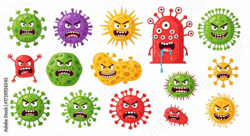 Coronavirus character vector illustration on white background. Cartoon Covid 19-NCP fly germ virus infection and micro bacteria character. Microbe, Pathogen