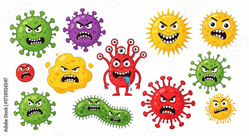 Coronavirus character vector illustration on white background. Cartoon Covid 19-NCP fly germ virus infection and micro bacteria character. Microbe, Pathogen