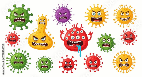 Coronavirus character vector illustration on white background. Cartoon Covid 19-NCP fly germ virus infection and micro bacteria character. Microbe, Pathogen