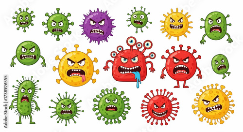 Coronavirus character vector illustration on white background. Cartoon Covid 19-NCP fly germ virus infection and micro bacteria character. Microbe, Pathogen