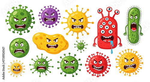 Coronavirus character vector illustration on white background. Cartoon Covid 19-NCP fly germ virus infection and micro bacteria character. Microbe, Pathogen