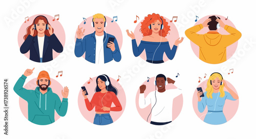Music listening. Smiling men and women listening to music on smartphone, dancing, singing song, relaxing and having fun set. Music lovers wearing headphones and enjoying modern audio sound collection