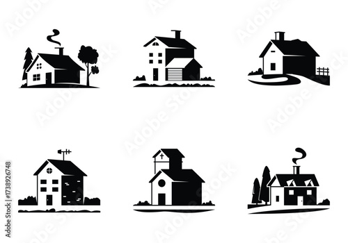 house home landscape set collection pack bundle black shape icon silhouette vector flat illustration design on white background