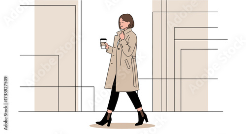 Elegant Woman With Coffee Strolling Through Cityscape In Stylish Fashion Outfit