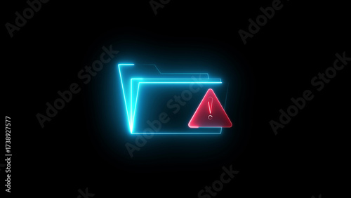 Neon folder warning icon on black background, digital error alert symbol, cybersecurity risk, data storage issue, computer system danger sign