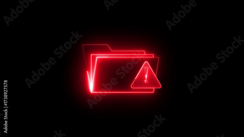 Neon folder warning icon on black background, digital error alert symbol, cybersecurity risk, data storage issue, computer system danger sign