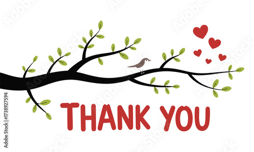 Thank you greeting card with tree branch hearts and bird illustration
