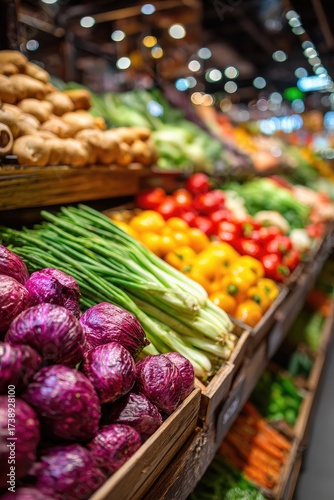 Fresh produce overflowing from wooden crates in a grocery aisle