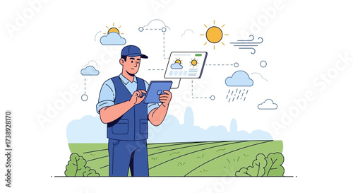 Farm Manager Analyzing Weather Patterns on Tablet for Agricultural Planning and Optimization
