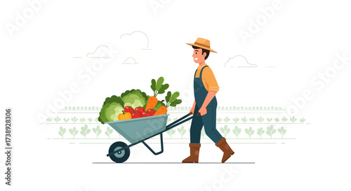 Farmer Harvesting Fresh Vegetables in a Wheelbarrow After a Successful Crop Season