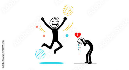 Understanding the contrasting emotions of happiness and sadness represented by stick figures.