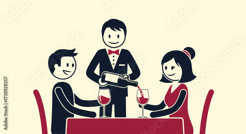 A romantic dinner for two with a waiter pouring red wine.