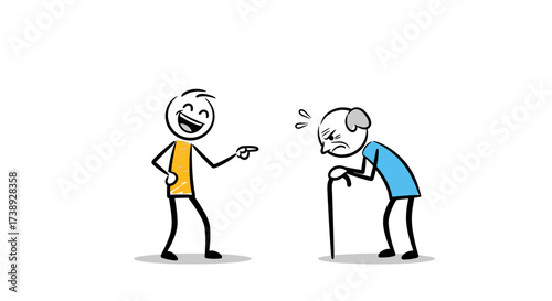 A young person laughing at an old person who is struggling to walk with a cane.
