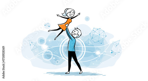 A man lifts a woman in the air with a network of connections in the background.