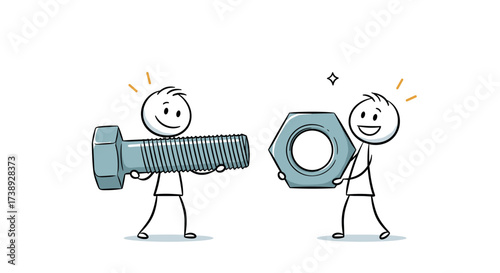 Two stick figures are about to connect a large bolt and nut together.