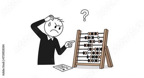 Confused stick figure struggling with an abacus and math calculations.