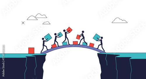 People working together to build a bridge connecting two cliffs visually representing collaboration and problem-solving.