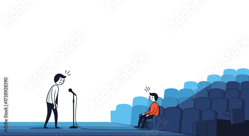 A nervous performer stands at a microphone in front of an audience.