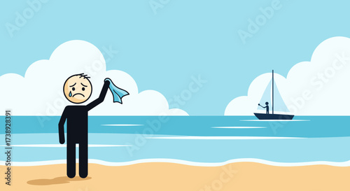 Sad person on a beach waving goodbye to a sailboat on the ocean.