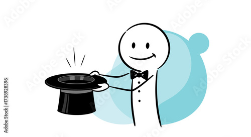 A smiling magician in a suit and bowtie holds up a top hat with a magical glow coming from within it.