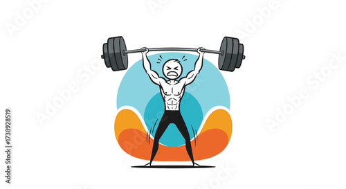 A determined weightlifter struggling to lift a heavy barbell overhead during a competition.