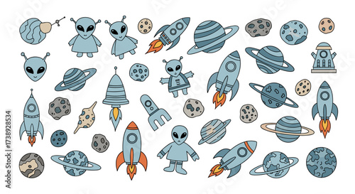 A charming collection of retro styled cartoon space rockets aliens planets and asteroids.