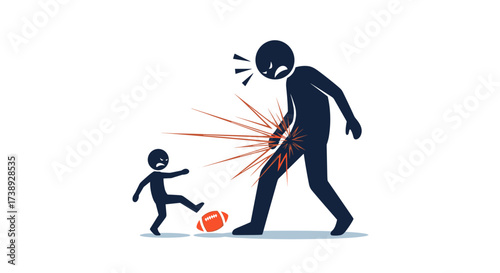 A small child accidentally kicks a football into a man's groin.