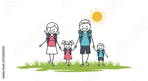 A happy family with backpacks enjoying a sunny outdoor adventure together.