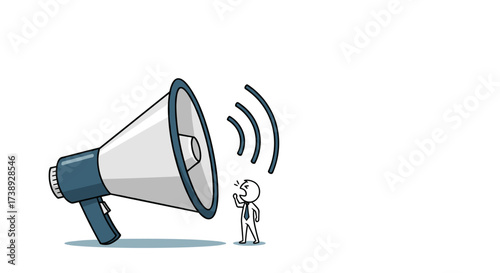A small stick figure person is shouting into a giant megaphone making a loud announcement to a large audience.