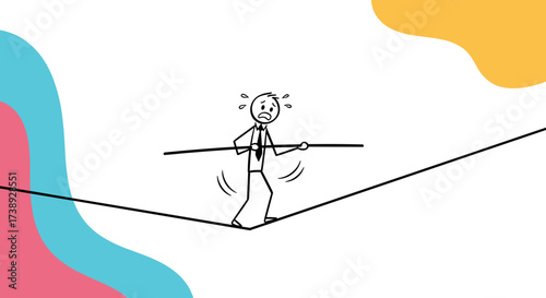 A businessman walks a tightrope with a balancing pole while looking very stressed and afraid of falling off.