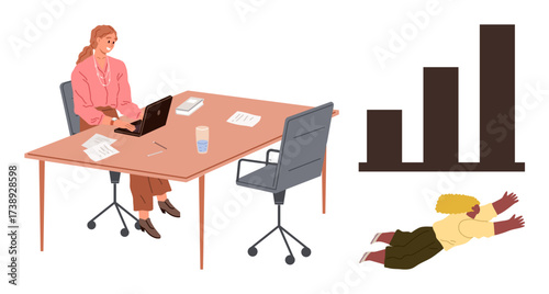 Woman typing on laptop at office desk, papers around, growth chart indicating progress, person diving symbolizing ambition. Ideal for business, leadership, growth, productivity, determination