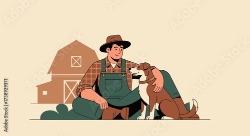 Farmer With His Loyal Canine Companion Outdoors Near a Rustic Barn Structure