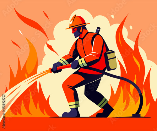 Brave Firefighter Battling Intense Blaze with Water Hose in Stylized Flat Design Illustration