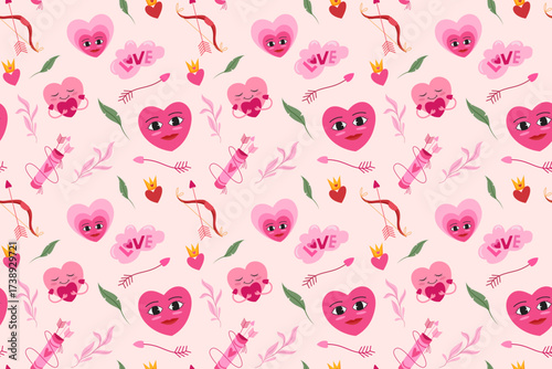 Valentines Day pattern with hearts bows arrows and clouds