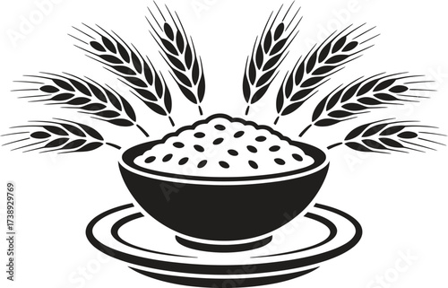 Bowl of grains with wheat stalks illustration