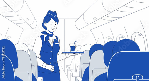 Friendly Air Stewardess Serving Beverages To Passengers In The Airplane Cabin