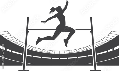 Silhouette of a female athlete jumping over hurdles in a stadium