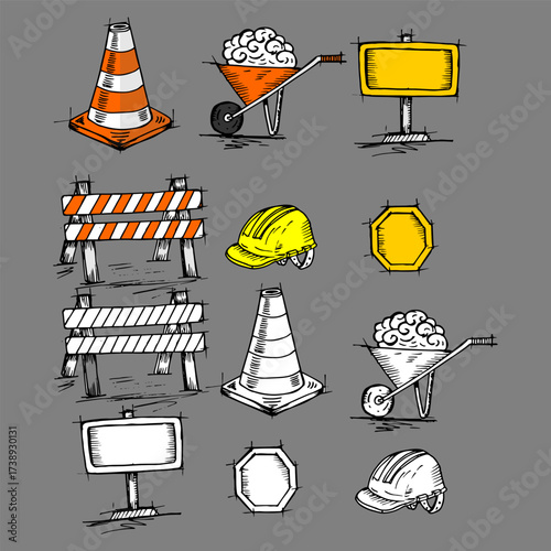 Under Construction, cone, sign, board, helm, traffic road barrier, wheelbarrow, under construction gear, sketch doodle
