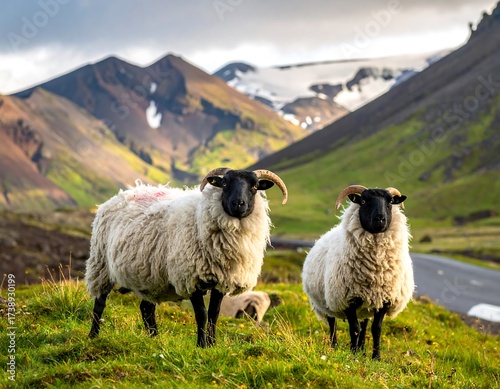 Icelandic Sheep in Mountainous Landscape.