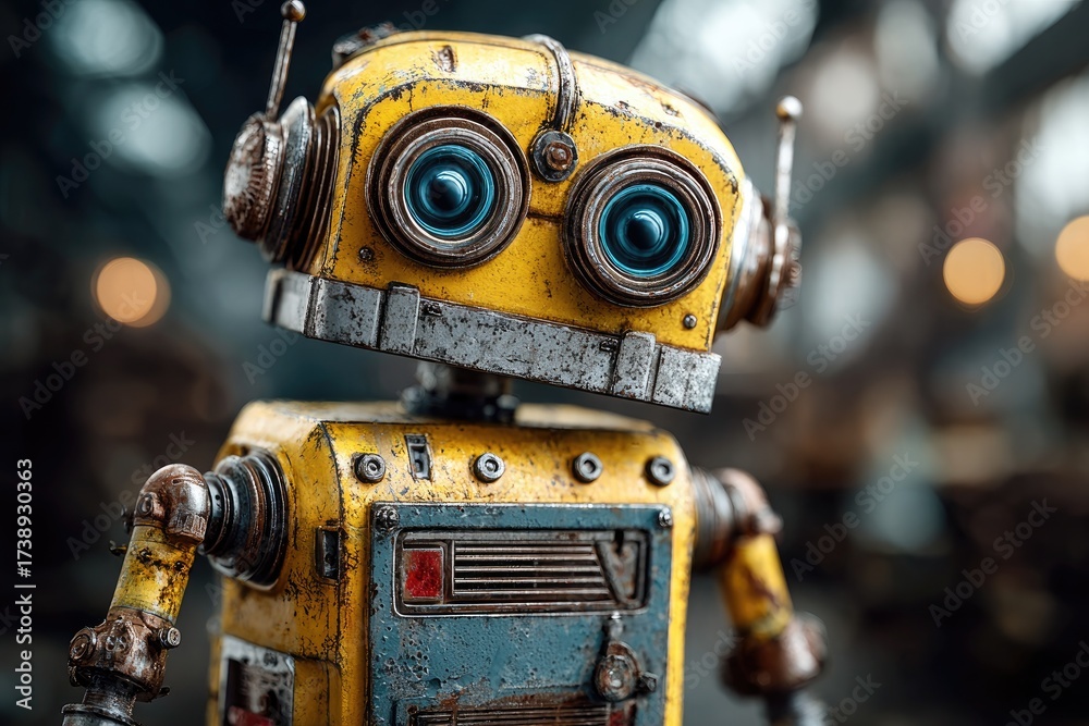 Fototapeta premium Rusty yellow robot head close-up