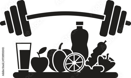 Barbell and healthy food representing fitness and nutrition balance