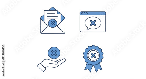 Vector illustration of collection of icons depicting cancellation or rejection, including email, website, hand, and award