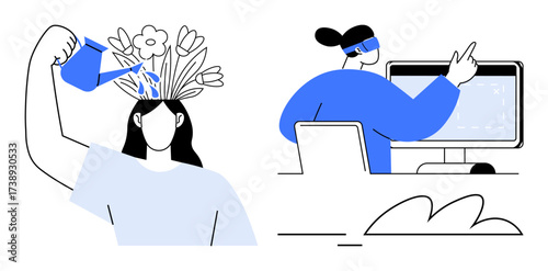 Person waters flowers growing from their head symbolizing creativity, while another points at a computer screen for innovation. Ideal for personal growth, learning, creativity, technology, mental